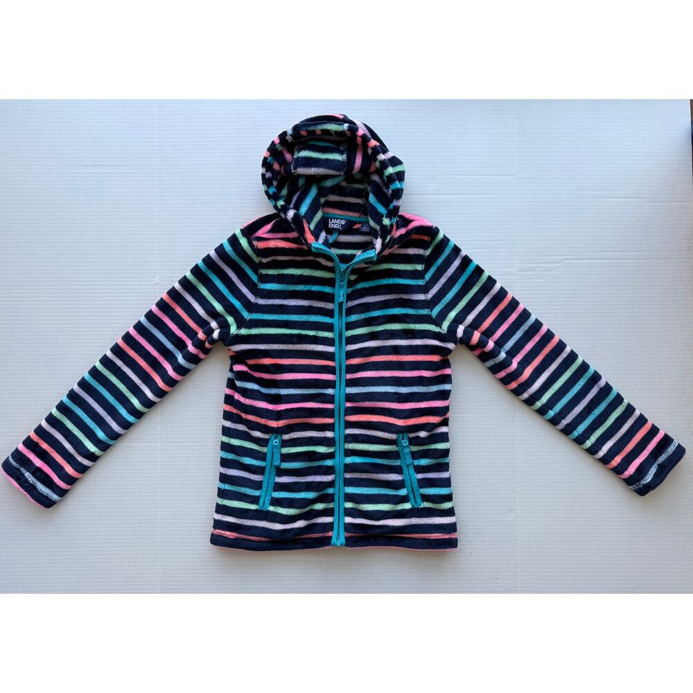 Lands End Softest Fleece Full-Zip Hoodie Rainbow Stripe Navy Zip Pockets Large